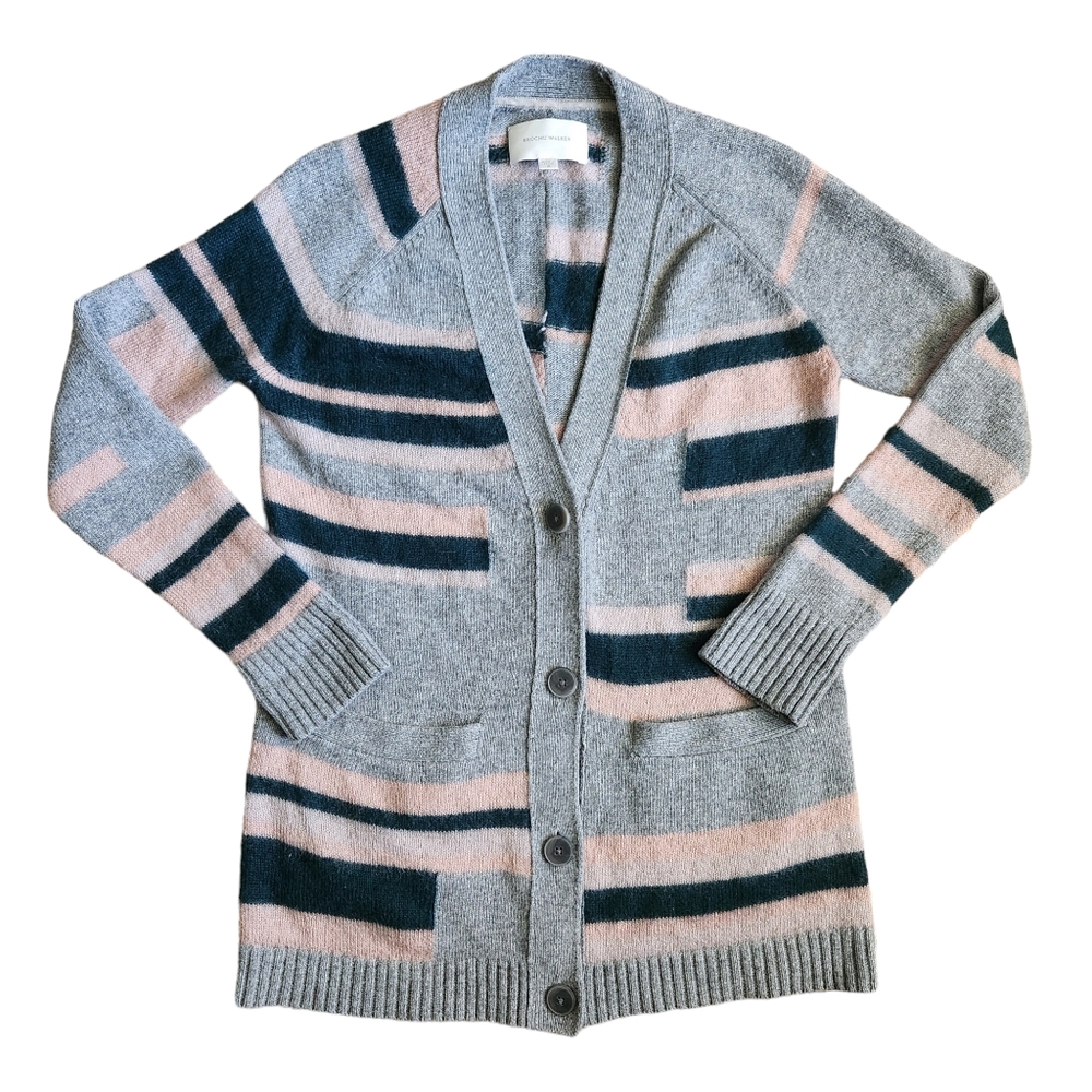 Brochu Walker Striped Cardigan Sweater Wool Mohair Angora Cashmere Blend Small